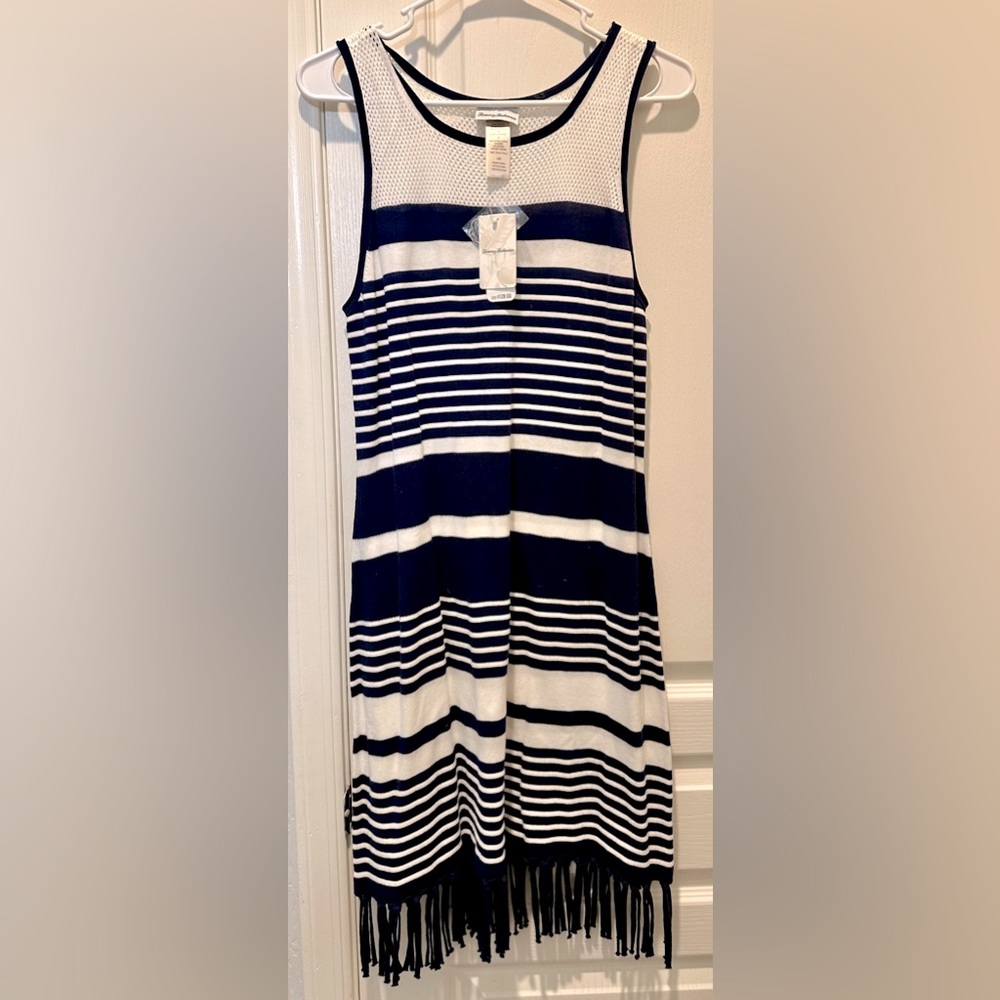 NWT Tommy Bahama Sleeveless Fringed Knit Mesh Tank Dress in Navy & White Stripe